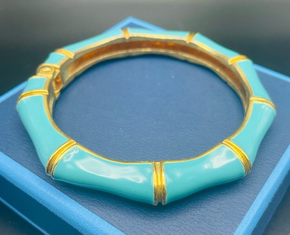 Joan Rivers Aqua Blue Enamel Gold Bamboo Clamper Bangle Bracelet Size 7.5" VTG